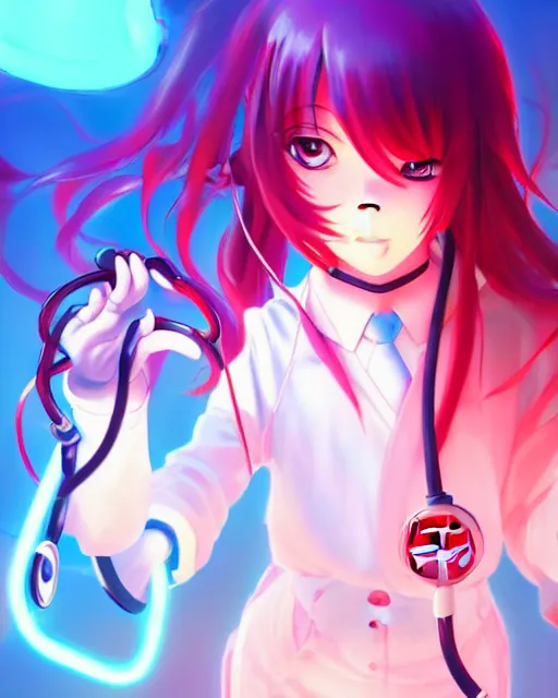 Image similar to anime style, vivid, expressive, full body, 4 k, painting, a cute magical girl with a long wavy hair wearing a nurse outfit, correct proportions, stunning, realistic light and shadow effects, neon lights, studio ghibly makoto shinkai yuji yamaguchi