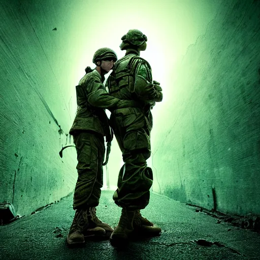 Prompt: soldier and angel met at night time, filmic, dramatic, night vision, wide angle, vignette, only green color, 4 k, 8 k, sad, devil, cinematic lighting, insanely detailed and intricate, hypermaximalist, elegant, ornate, hyper realistic, super detailed