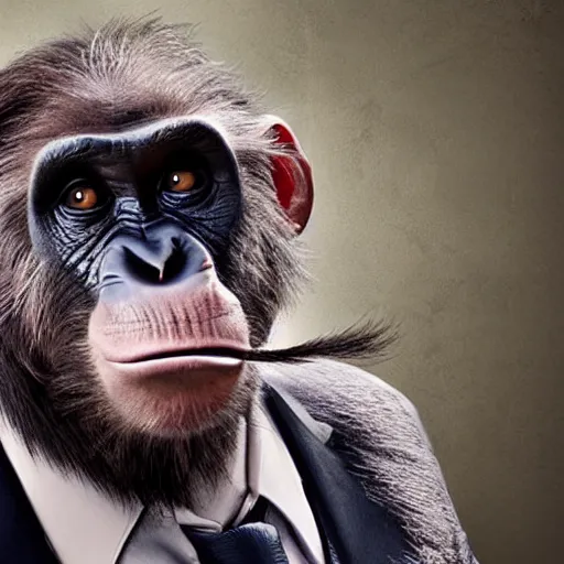 Prompt: saul goodman is a chimp hybrid with a machine gun, still from netflix