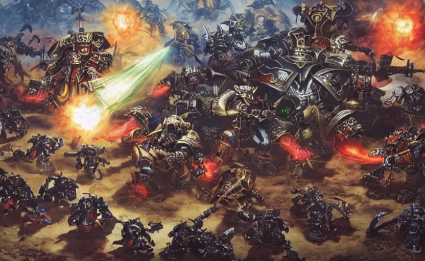 Prompt: warhammer 4 0 k emperor battling and defeating the 4 chaos gods, dramatic, scifi, epic, space battle