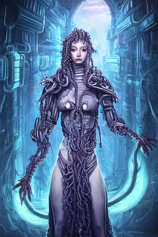 Prompt: ultradetailed realistic RPG cosplay airbrushed digital art portrait-illustration of a !!!!!!!!beautiful symmetrical eerie Medusa wearing cyberpunk clothes and an armor with much decorum!!!!!!!! standing next to bioluminiscent otherworldly towers in a three quarters pose in a sci-fi cityscape, epic poster art, 3D rim light, octane render, artstationHQ