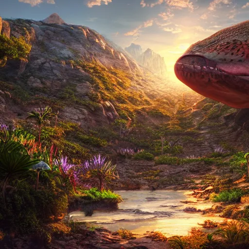 Image similar to photorealistic cinematic land before time scene. hyperdetailed photorealism, 1 0 8 megapixels, amazing depth, high resolution, 3 d shading, 3 d finalrender, 3 d cinematic lighting, glowing rich colors, powerful imagery, artstation concept art.