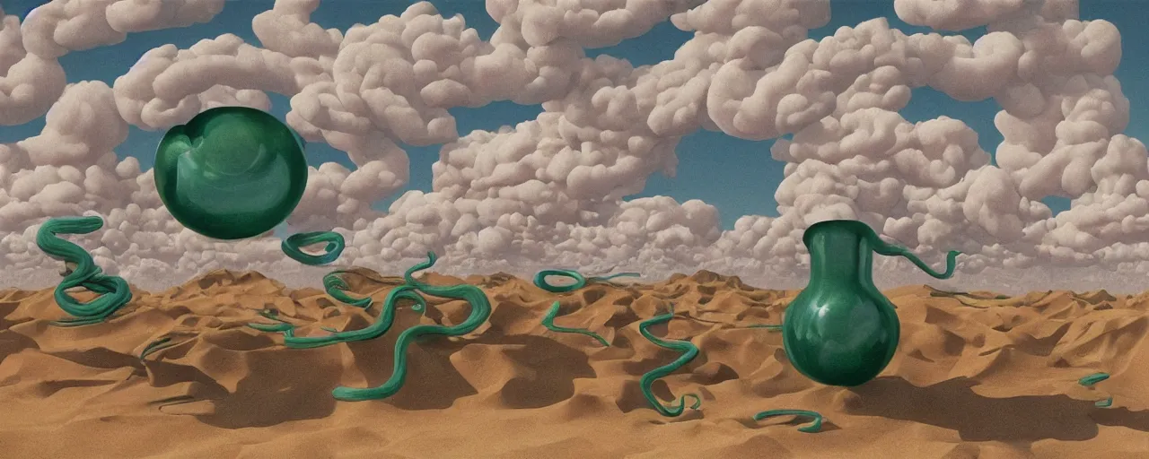 Image similar to a swirling cloud of snake medicine. Painting by René Magritte, 3D rendering by Beeple, sketch by R. Crumb