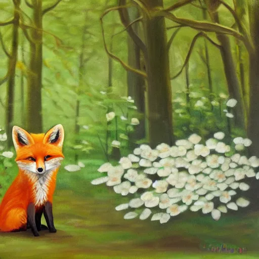 Image similar to cute small red fox in the middle of a white magnolia forest, wide shot, fantasy, oil on canvas