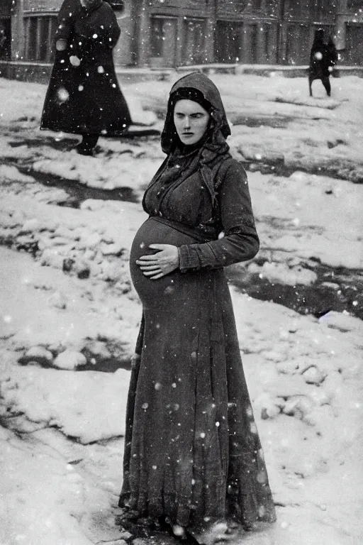 Image similar to full-length portrait of a pregnant woman on the street of besieged Leningrad, historically reliable photo chronicle, winter 1941, ultra detailed digital art, octane render, 4K, dystopian, by john william waterhouse and Edwin Longsden Long and Theodore Ralli and Nasreddine Dinet