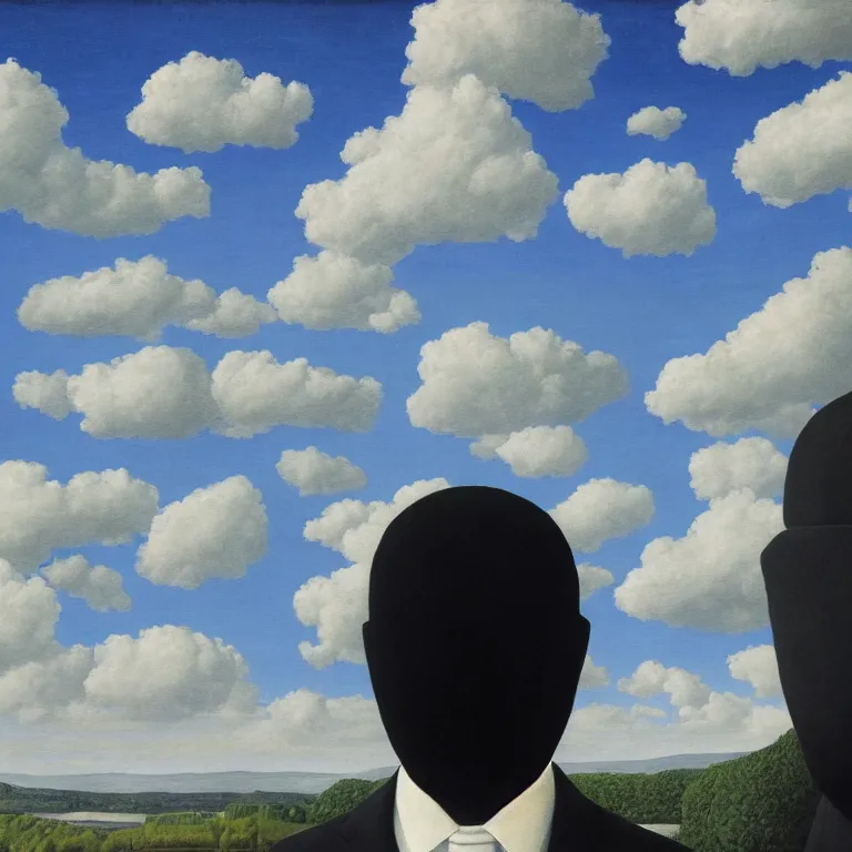 Prompt: portrait of a faceless reflective chrome - head man in a suit and black gloves, clouds and nature landscape in the background, by rene magritte, detailed painting, distance, centered, hd, hq, high resolution, high detail, 4 k, 8 k