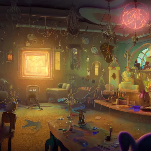 Image similar to ghost mansion, expressive eyes, floating, rbc, bunny, radiolaria, protophyta, micro - organisms, center frame, symmetric, rim light, marine microbiology, bioluminescence, electric, fur, soft, concept art, intricate details, highly detailed, colorful, photorealistic, disney pixar, octane render, iridescent, anime, 8 k