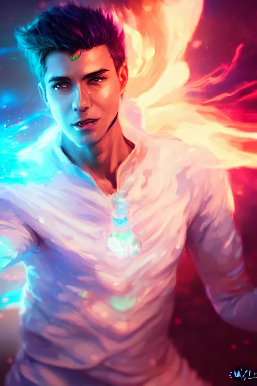 Image similar to a human elemental sorcerer, blurred environment background, colorful magic effects, white skin, portrait, male, clothed, sharp focus, digital art, concept art, trending on artstation, dynamic lighting, by emylie boivin and rossdraws