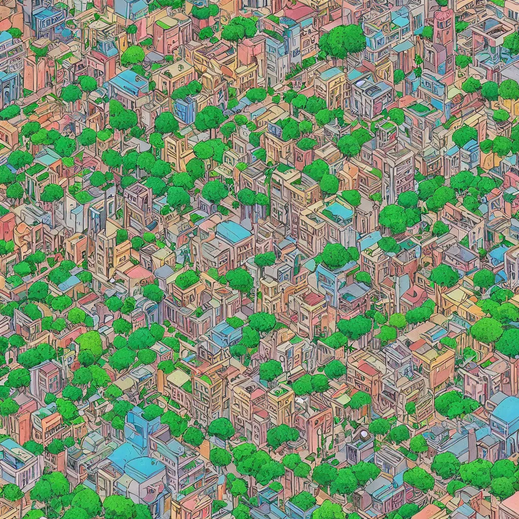 Image similar to a view of a rhodesian city in the style of studio ghibli