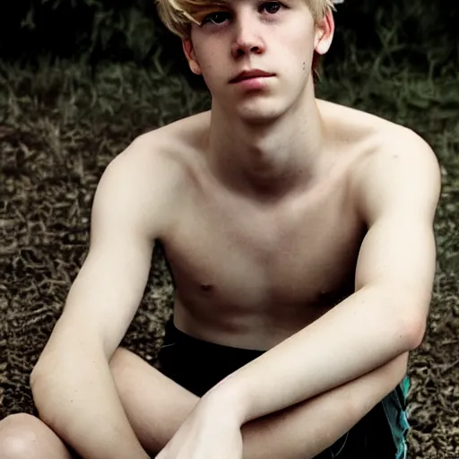 Image similar to Portrait of a sad looking teenage boy, around 20 yo, natural blonde hair and smooth pale skin, fisher net tanktop. Award winning photograph.