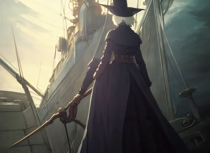 Image similar to portrait of lady maria, helm of second world war warship in background, illustration concept art anime key visual trending pixiv fanbox by wlop and greg rutkowski and makoto shinkai and studio ghibli and kyoto animation, astral witch clothes, steampunk, realistic anatomy, grimdark, volumetric lighting