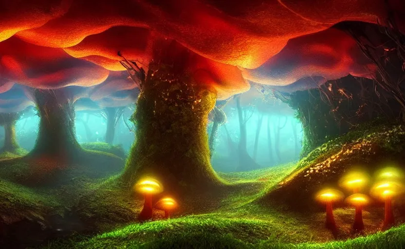 Image similar to a beautiful and stunning professional digital artwork of a glowing mushroom cave, haze, spores floating in the air, vines, water, volumetric lighting, hyperrealistic, rtx on, ultra detail