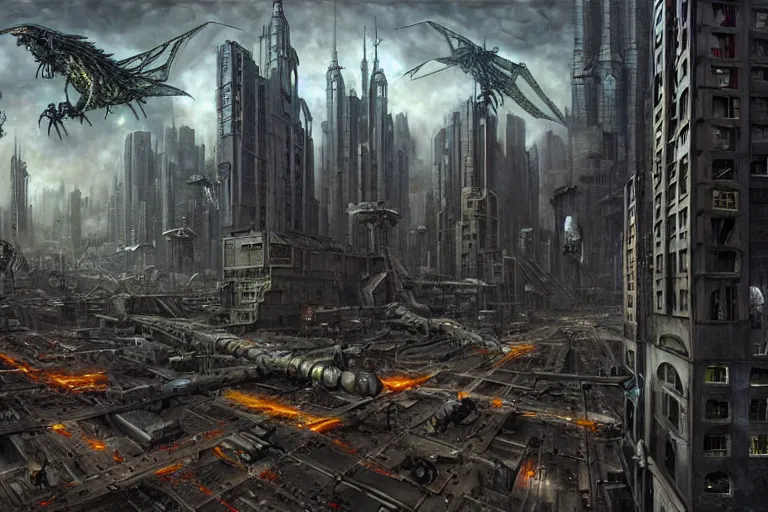 Prompt: hdr rugged futuristic cityscape infested by flying cyber dragons and other robots, matte painting by andrea kowch, detailed realistic