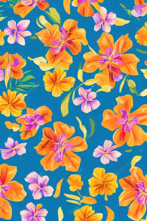 Image similar to detailed Vector illustration of tropical flowers with multiple cohesive colors ranging from warms blues to bright oranges, ((dark blue background)), 4K resolution