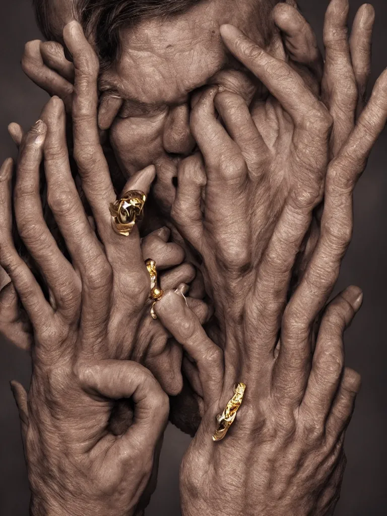 Prompt: a hyperrealistic ultrarrealistic highly detailed photograph of the man with one hundred hands, photorealistic imagery, 8k quality, gold rings