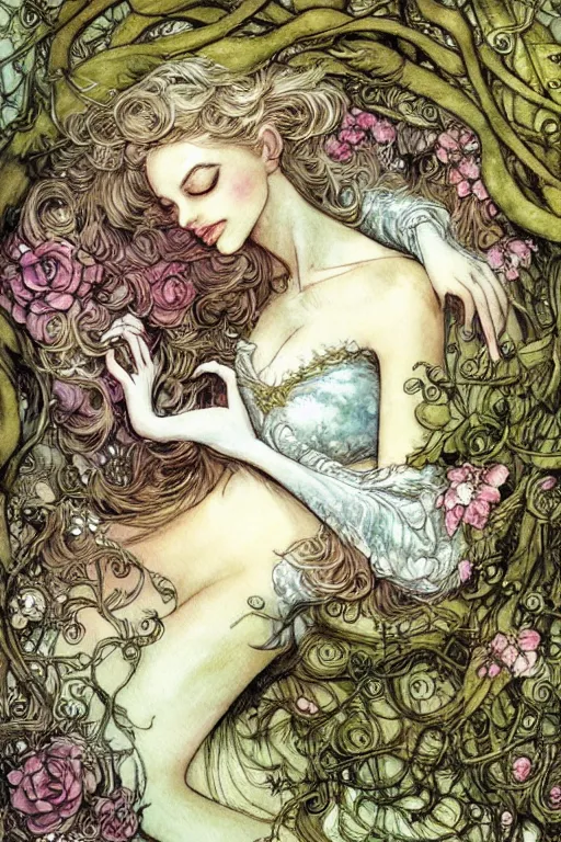 Image similar to detailed sleeping beauty in a rococo bedroom overgrown by vines and flowers, fantasy art, trending on artstation, fairytale, art by luis royo and walter crane and kay nielsen, watercolor illustration,