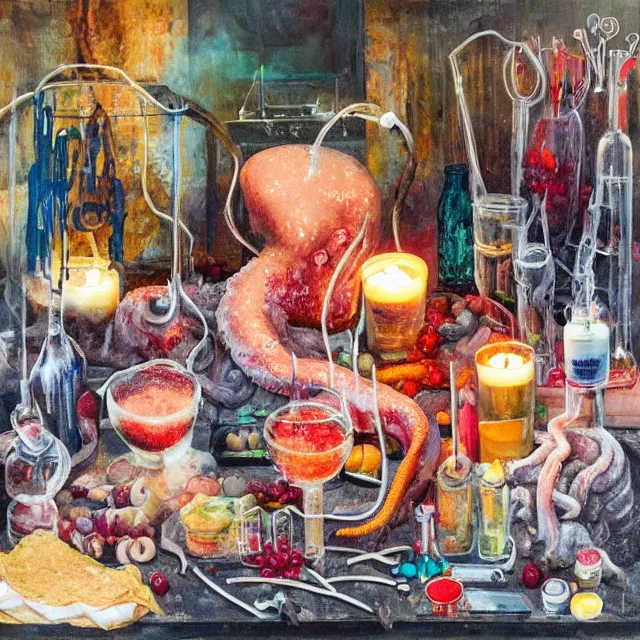 Prompt: sensual, dripping candles, surgical equipment, giant octopus, a female emo art student, raw pork, berry juice drips, pancakes, berries, peppercorns scientific glassware full of coloured liquids, art supplies, candles dripping wax, neo - impressionist surrealism, acrylic and spray paint and oilstick on canvas