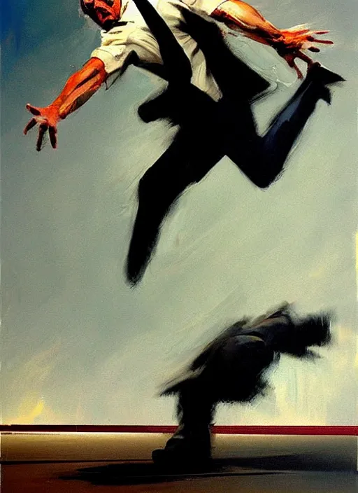 Image similar to slipping, saul goodman, screaming, slipping and flying, falling, flailing painting by phil hale, fransico goya, david lynch,'action lines '!!!, graphic style, visible brushstrokes, motion blur, blurry