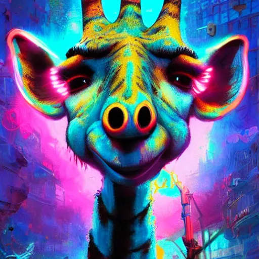 Image similar to david shwimmer as a goofy giraffe, huge beautiful eyes, vivid color, neon color, intricate detail, digital painting, particles floating, whimsical background by marc simonetti, artwork by ross tran + ramond swanland + liam wong