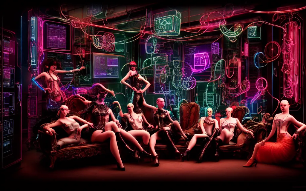 Prompt: A group of people, each person is wearing a leeloo by jean paul gaultier , sitting on an old antique couch in an old room with electronics, like a cyberpunk workshop, all around, very detailed, cyberpunk wires and oled monitors, displaying stock charts, on the walls, digital displays and holographic projections, projections of , ultrarealistic, dramatic lighting, electrical details, high details, 4k, 8k, best, accurate, trending on artstation, artstation, photorealism, ultrarealistic, digital painting, style of Caravaggio, Boris Vallejo