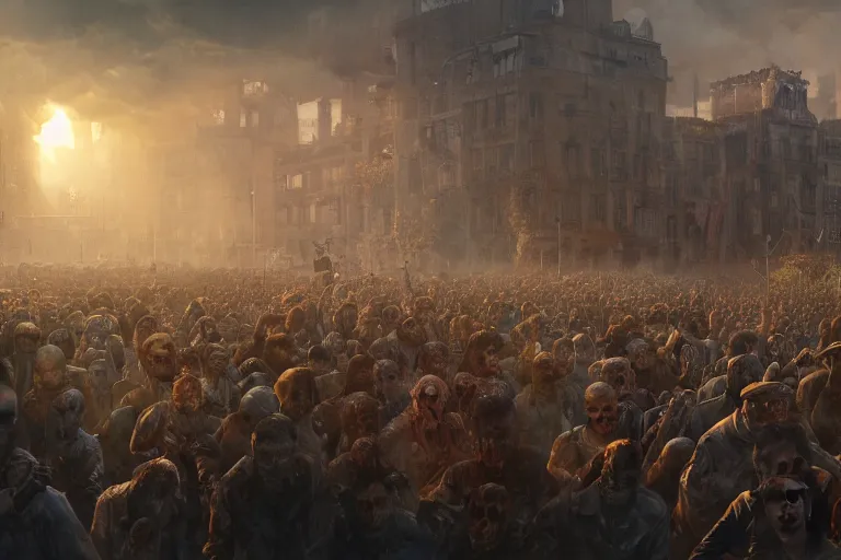 Image similar to a crowd of zombies watching a sports game, matte painting, long shot, concept art, wide shot, digital art, trending on artstation, 4 k, extremely detailed, realistic, midday, warm colors, golden sunlight, by greg rutkowski, cinematic, epic