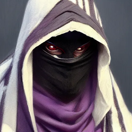 Image similar to ultra realistic illustration, man in a black hood, in a striped purple balaclava, mysterious, highly detailed, digital painting, artstation, concept art, smooth, sharp focus, illustration, art by artgerm and greg rutkowski and alphonse mucha