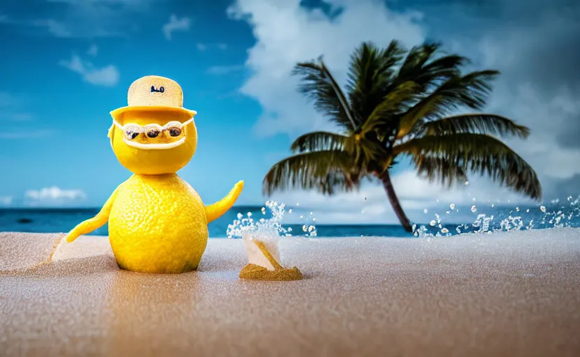 Prompt: 5 0 mm photograph, of a real anthropomorphic lemon character, fit body, with lemon skin texture, it is wearing a hat and scuba diving, building a sandcastle on the beach at sunset, beach, huge waves, sun, clouds, tropical trees, rim light, cinematic photography, professional, sand, sandcastle, volumetric lightening