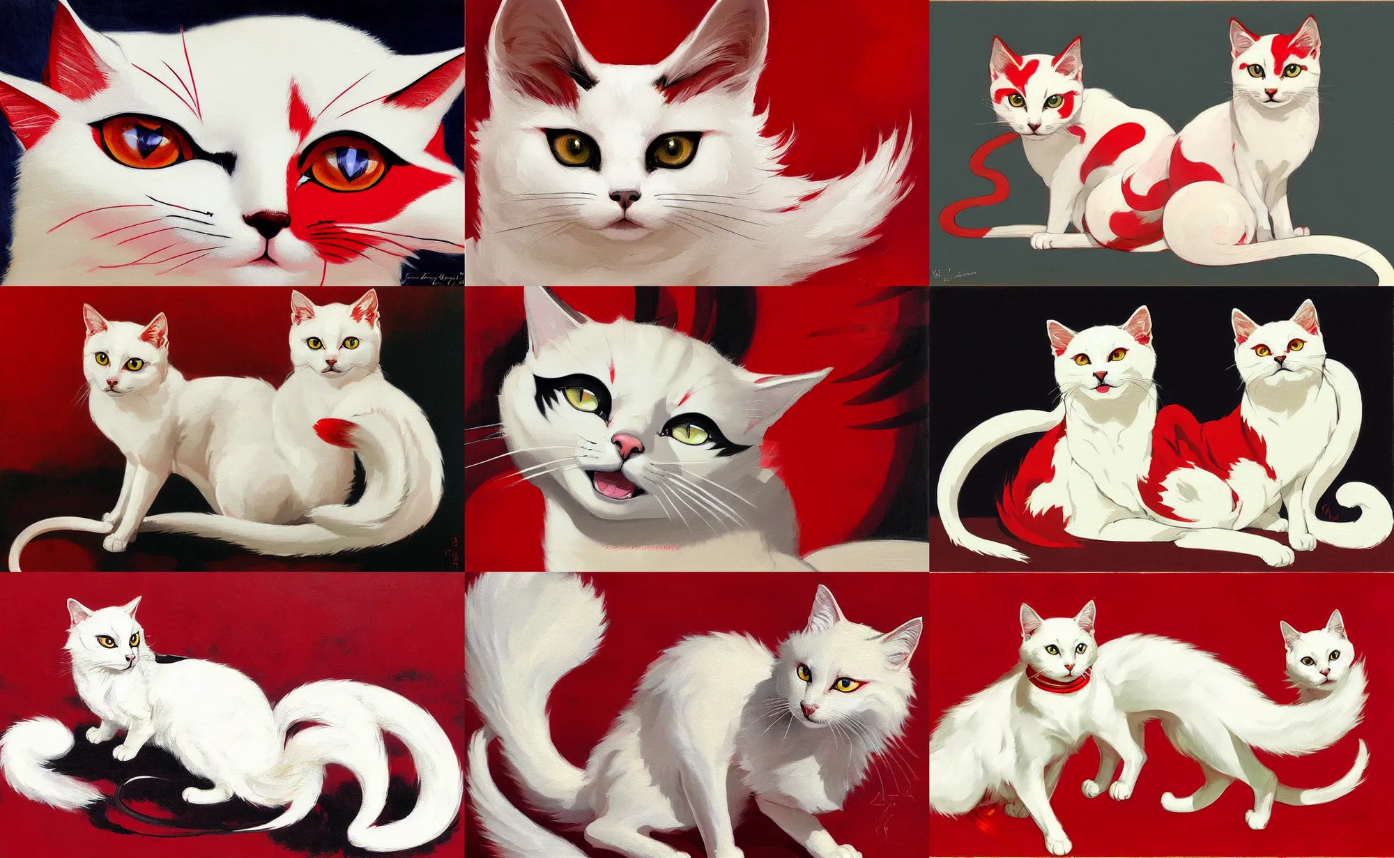 Prompt: painting of a cute white ( okami style ) ( ( kitsune ) ) cat with red patterns, plain white background, no people, art by jc leyendecker, phil hale, angular, brush strokes, painterly, crisp, portrait of a cat, cat portrait painting