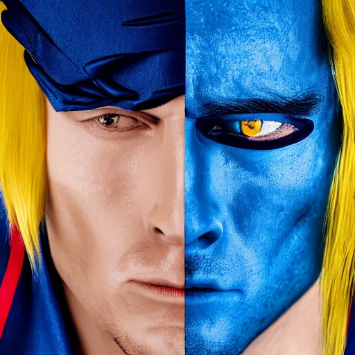 Image similar to portrait of a blonde masculine man two sides hair and thin face lines, his cape is the american flag, he is angry, his costume is blue with yellow eagles head on the shoulders, 8 k, hyper realistic, movie imax shot, film, cinematography, red