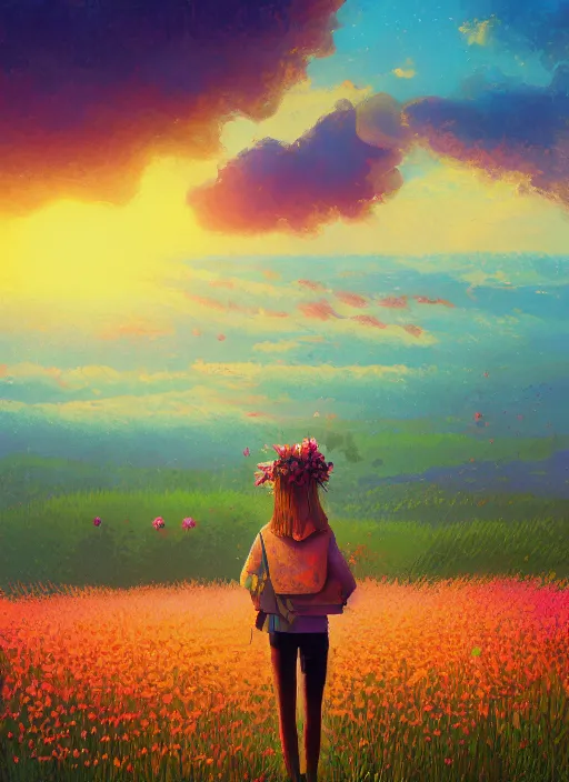 Prompt: girl with one flower head, in a field with flowers, hills, big trees, sunrise dramatic light, impressionist painting, colorful clouds, digital painting, pointillism, artstation, simon stalenhag