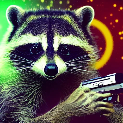 Image similar to racoon holding a laser gun, digital art , centred award winning 4K