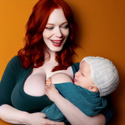 Christina Hendricks breastfeeding baby, realistic, 4k