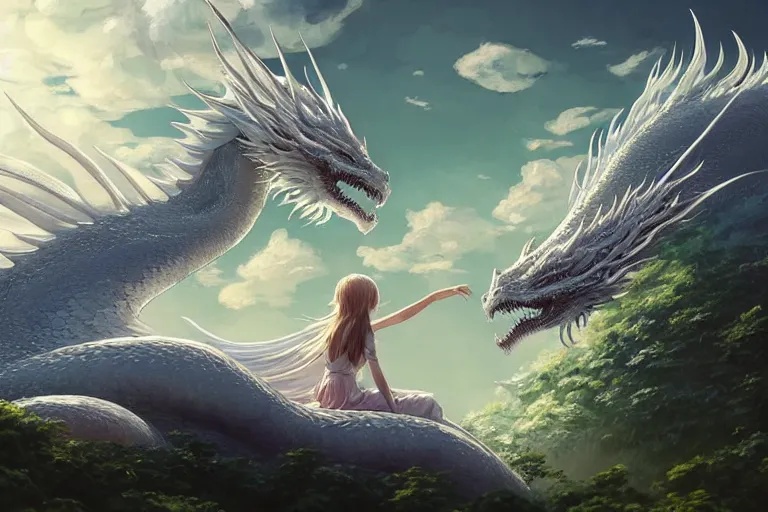 Prompt: the beautiful hyper detailed big scene render that a beautiful girl sitting on the back of a huge silver white dragon alone in fairyland surrounded by white clouds, finely detailed angelic face delicate features, style of studio ghibli, makoto shinkai, raphael lacoste, artgerm, karol bak, kazuki tanahashi, james jean, ross tran, ultra wide angle