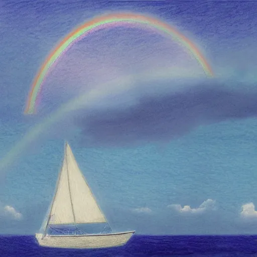 Image similar to etching peaceful by makoto shinkai, by donna huanca. a beautiful drawing of a sailboat sailing on a sea of clouds, with a rainbow in the background. the sailboat is crewed by a group of monkeys, & the sails are billowing in the wind.