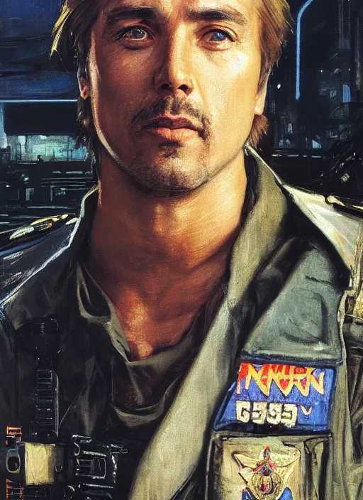 Image similar to Don Johnson. cyberpunk USN marine wearing a military vest and combat gear. (Cyberpunk 2077, bladerunner 2049, rb6s). Squarish face. Iranian orientalist portrait by john william waterhouse and Edwin Longsden Long and Theodore Ralli and Nasreddine Dinet, oil on canvas. Cinematic, hyper realism, realistic proportions, dramatic lighting, high detail 4k