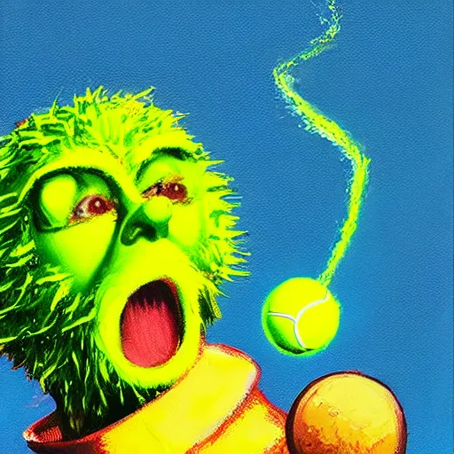 Image similar to a tennis ball monster ,tennis ball, colorful, wizard of oz, digital art, fantasy, magic, trending on artstation, ultra detailed, professional illustration by Basil Gogos