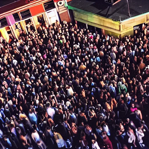 Prompt: a birdseye view of a crowd of people outside of a trendy nightclub in los angeles at night, directed by christopher nolan