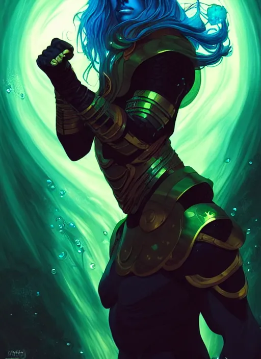 Image similar to style artgerm, joshua middleton, illustration, wesley snipes as a warrior monk wearing green pelt light armor, blue hair, swirling water cosmos, fantasy, dnd, cinematic lighting