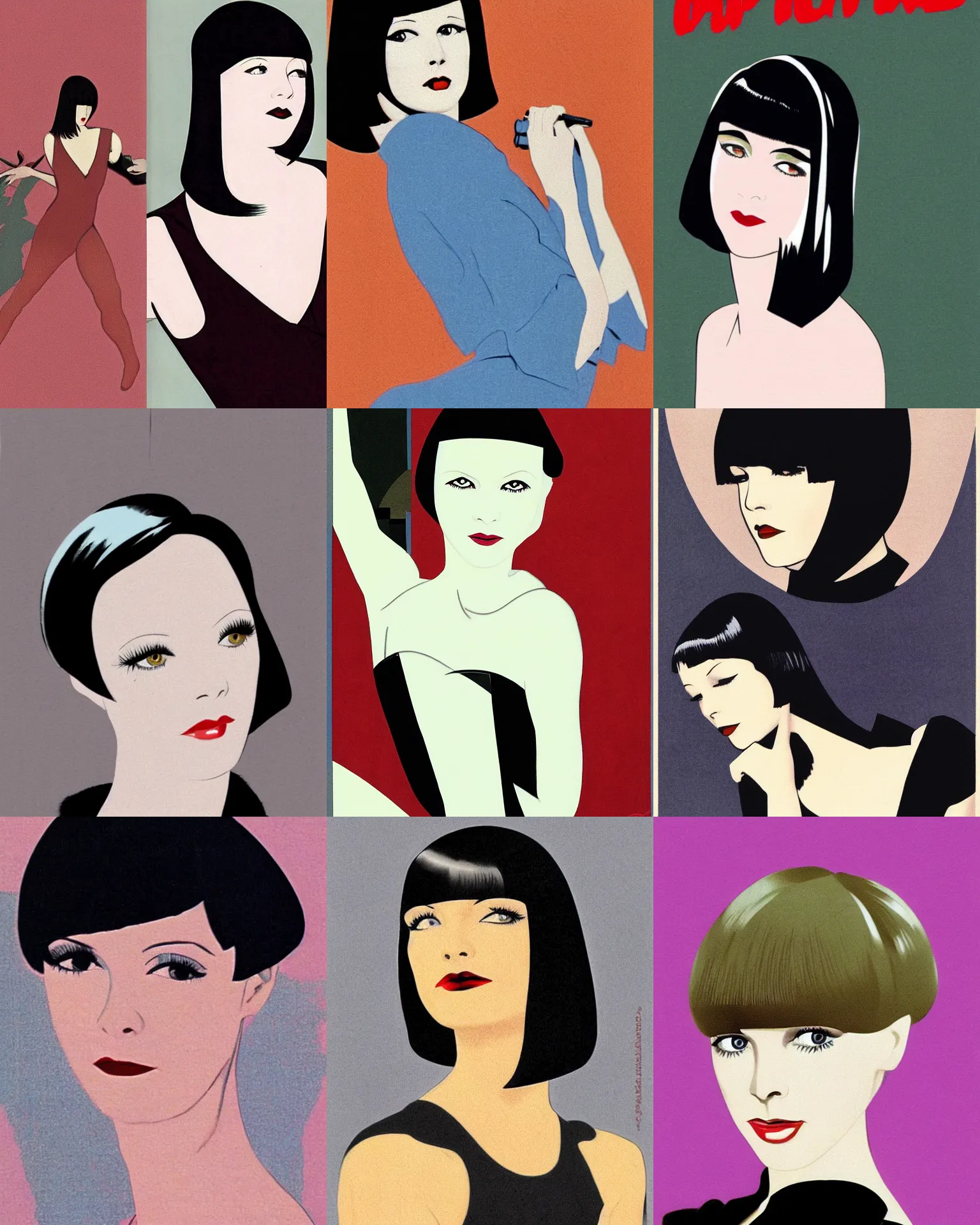 Prompt: mary louise brooks 2 5 years old, in pulp fiction 1 9 9 4, bob haircut, portrait by patrick nagel, 1 9 2 0 s,