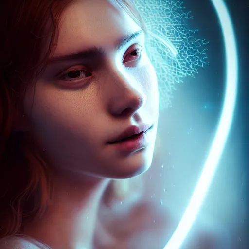 Image similar to portrait art of female angel, art by alessio albi 8 k ultra realistic, angel wings, lens flare, atmosphere, glow, detailed, intricate, full of colour, led lighting, trending on artstation, 4 k, hyperrealistic, focused, extreme details, unreal engine 5, masterpiece