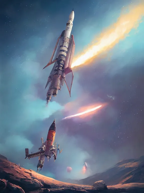 Image similar to photo of 8k ultra realistic rocket launching, nasa, clear sky, full of colour, cinematic lighting, battered, trending on artstation, 4k, hyperrealistic, focused, extreme details,unreal engine 5, cinematic, masterpiece, art by Peter Mohrbacher