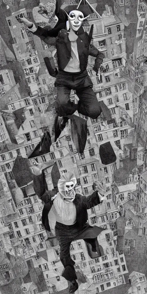 Image similar to faceless man flies through an MC Escher city, wearing a comedy mask in elizabethan boots and ruff, dramatic theater lighting