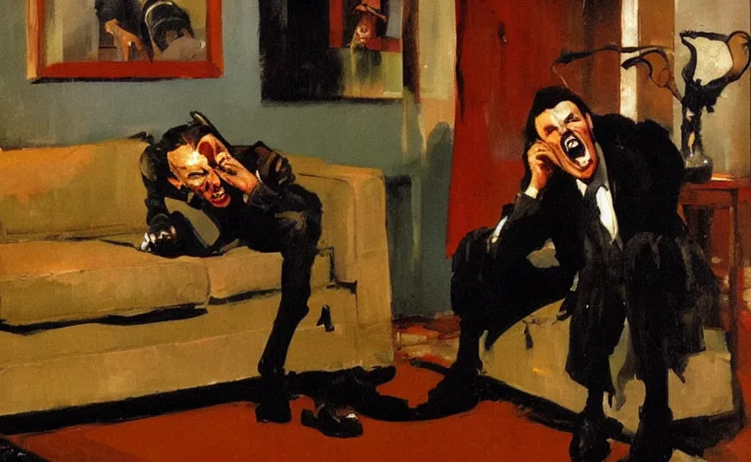 Prompt: a thin man screams at a telephone beside a sofa in a dark living room, painted by phil hale and rick berry and tom lovell and frank schoonover, highly detailed