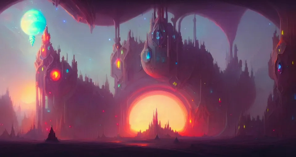 Image similar to space castle by peter mohrbacher, vivid colors, matte painting, 8K, concept art, mystical color scheme, trending on artstation, unreal engine