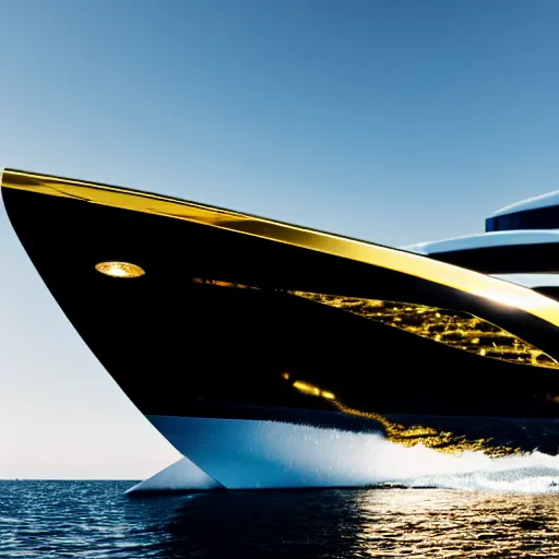 Prompt: old man polishing a gold plated mega yacht, clear and focused, elegant, photograph