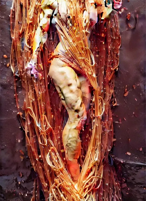 Image similar to vin diesel covered in spaghetti, painting by artgerm and greg rutkowski and alphonse mucha