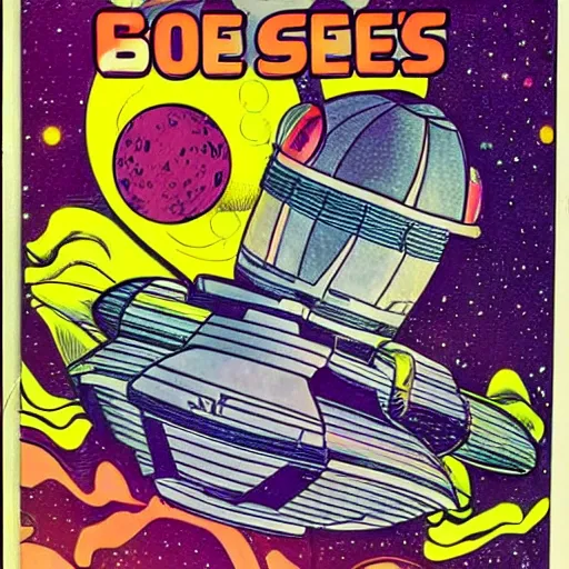 Image similar to 80s comic book sci-fi space ship in the shape of bee gees barry gibb's head, flying through outer space,