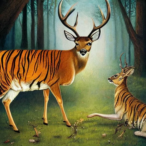 Image similar to a painting of deer and tiger facing each other, their heads bowed towards ground by esao andrews