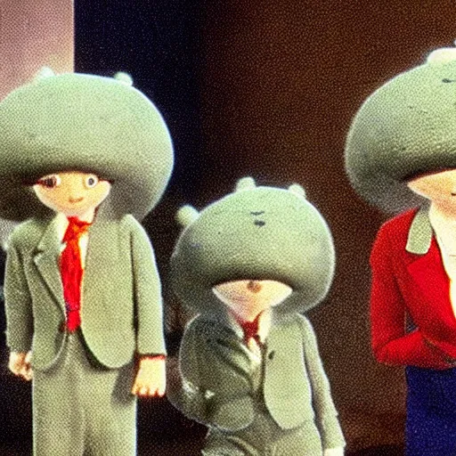 Image similar to men with pikmin heads wearing suits in james and the giant peach