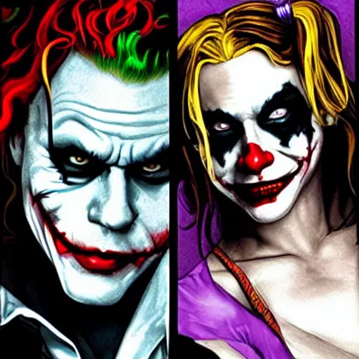 Prompt: heath ledger joker and harley quinn